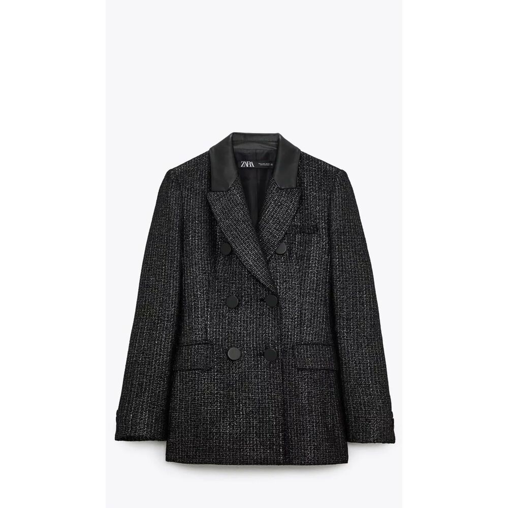 Zara Blogger's Favorite Faux Leather Contrast Black Shimmer Blazer size Small
